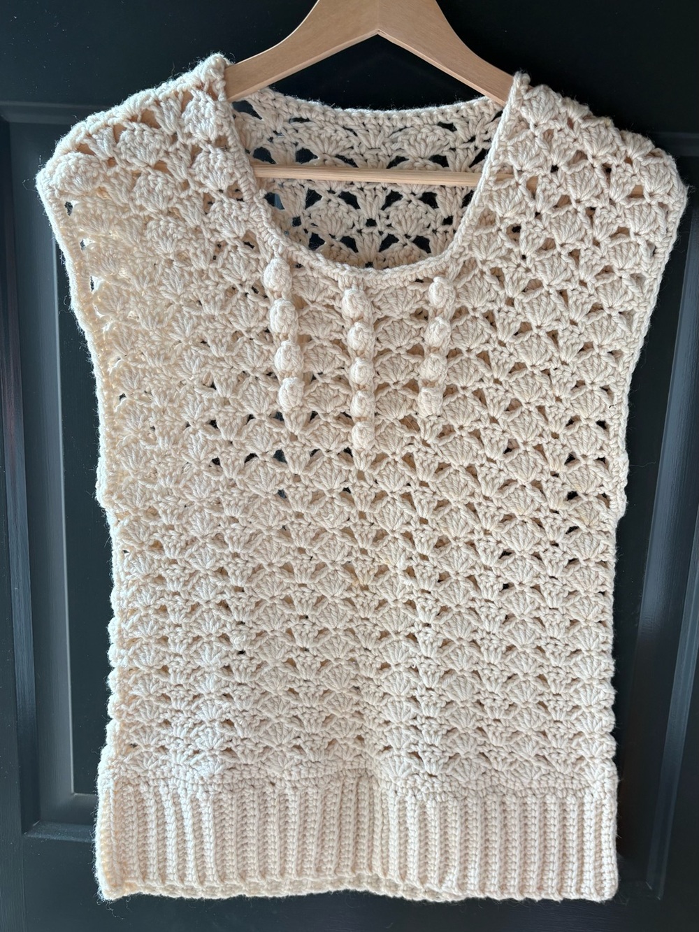 Cream Crochet Hand Knit Sleeveless Pullover Sleeveless Boho Sweater Size Large